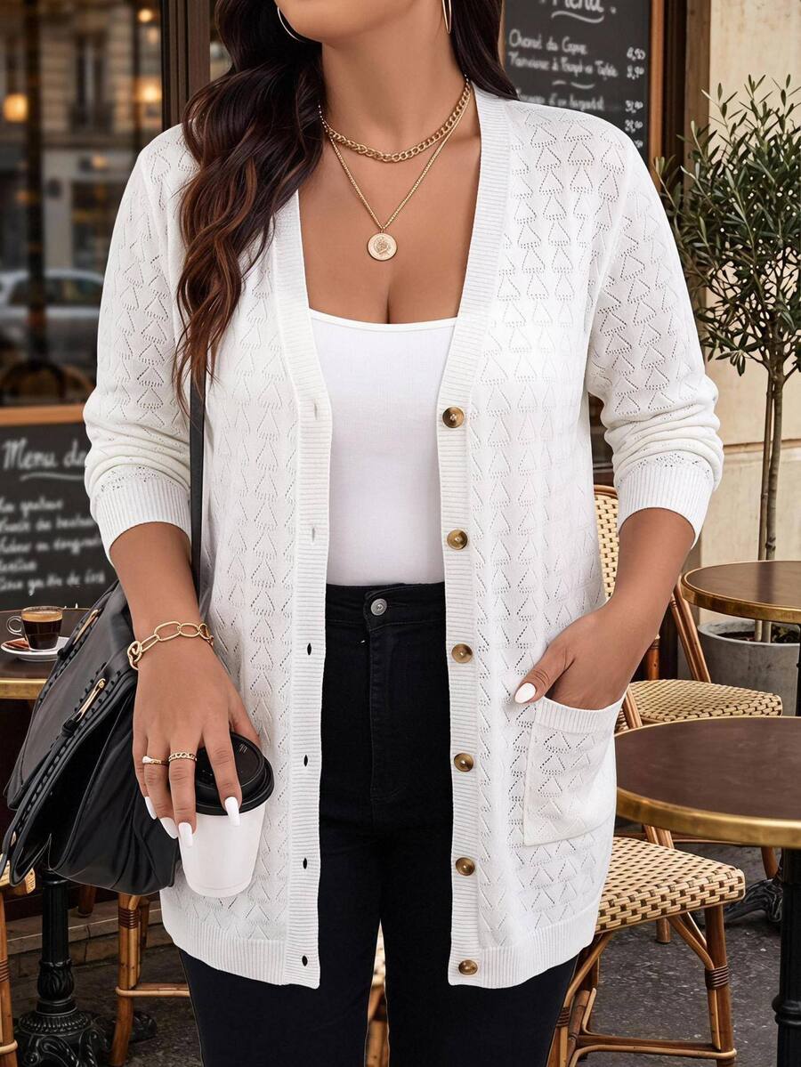 Comfylo Plus Size Hollow Out Casual Kawaii Knit Cardigan Autumn Formal Office White - White - View 1