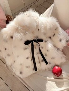 Comfortcana Women's Bow Faux Fur Coat Winter Clothes Winter Clothes 2000s Style Work Tops - Black and White - View 5
