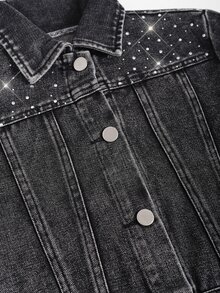 Young Girls' Clothes New 2026 Y2K Black Denim Jacketloose, Cropped Fit With A Wide Collar, Long Sleeves, Rhinestone Embellishments. Spring Autumn,Fall - Black - View 4