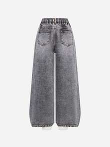 Tween Girl Denim Jeans, Cool American Retro Style, Acid Wash, Distressed, Ripped, Light Grey, Elastic Waist, Loose Wide Leg Casual Denim Pants - Grey - View 2
