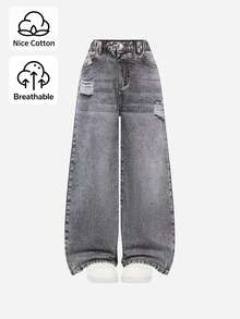 Tween Girl Denim Jeans, Cool American Retro Style, Acid Wash, Distressed, Ripped, Light Grey, Elastic Waist, Loose Wide Leg Casual Denim Pants - Grey - View 1