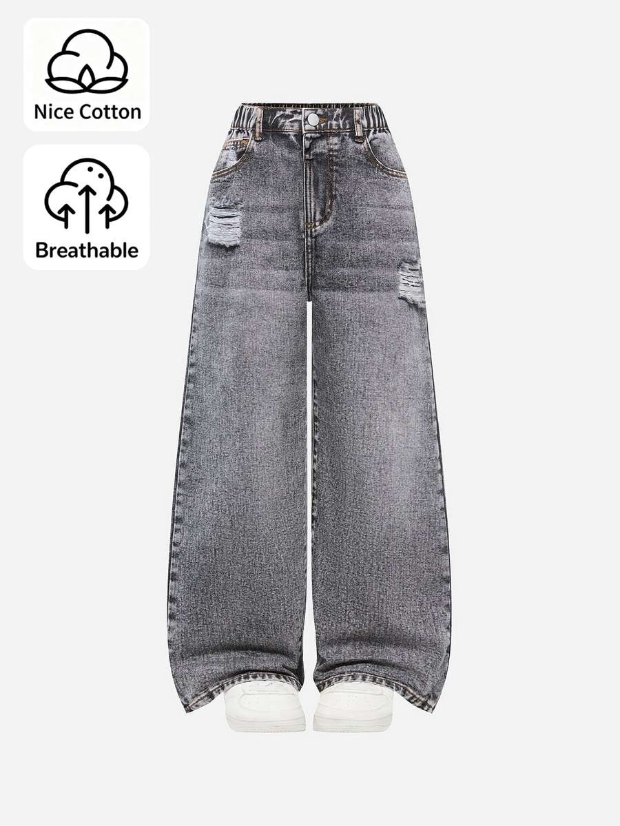 Tween Girl Denim Jeans, Cool American Retro Style, Acid Wash, Distressed, Ripped, Light Grey, Elastic Waist, Loose Wide Leg Casual Denim Pants - Grey - View 1