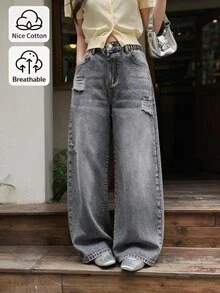 Tween Girl Denim Jeans, Cool American Retro Style, Acid Wash, Distressed, Ripped, Light Grey, Elastic Waist, Loose Wide Leg Casual Denim Pants - Grey - View 3