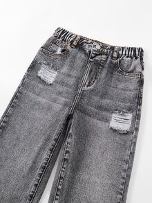 Tween Girl Denim Jeans, Cool American Retro Style, Acid Wash, Distressed, Ripped, Light Grey, Elastic Waist, Loose Wide Leg Casual Denim Pants - Grey - View 4