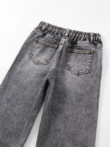 Tween Girl Denim Jeans, Cool American Retro Style, Acid Wash, Distressed, Ripped, Light Grey, Elastic Waist, Loose Wide Leg Casual Denim Pants - Grey - View 5