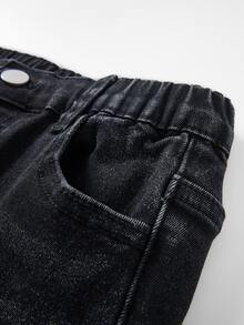 SHEIN 女童 Y2K 休閒街頭風彈性喇叭腿牛仔褲，做舊破洞毛邊下擺復古丹寧工藝，校園假期黑色夏季款 - 黑色 - 查看 6