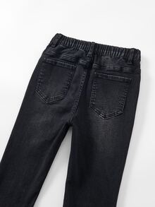 SHEIN 女童 Y2K 休閒街頭風彈性喇叭腿牛仔褲，做舊破洞毛邊下擺復古丹寧工藝，校園假期黑色夏季款 - 黑色 - 查看 7