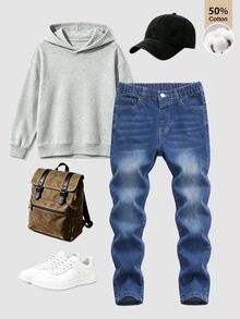 SHEIN 男童牛仔長褲，夏季，深藍色，錐形剪裁，輕量柔軟牛仔布，寬鬆休閒，校園家庭親子穿搭，秋冬款 - 中等水洗藍 - 查看 3