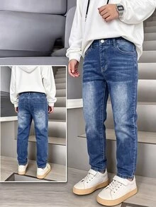 SHEIN 男童牛仔長褲，夏季，深藍色，錐形剪裁，輕量柔軟牛仔布，寬鬆休閒，校園家庭親子穿搭，秋冬款 - 中等水洗藍 - 查看 2