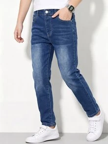 SHEIN 男童牛仔長褲，夏季，深藍色，錐形剪裁，輕量柔軟牛仔布，寬鬆休閒，校園家庭親子穿搭，秋冬款 - 中等水洗藍 - 查看 8