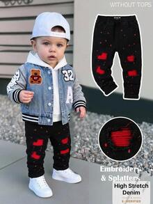 Baby Boy Black Distressed Vintage Washed Stretch Denim Jeans, Ripped Design, Red Contrast Ripped Splatter Design, Comfortable Everyday Non-Fading Black Jeans - Black - View 11