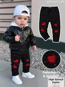 Baby Boy Black Distressed Vintage Washed Stretch Denim Jeans, Ripped Design, Red Contrast Ripped Splatter Design, Comfortable Everyday Non-Fading Black Jeans - Black - View 3