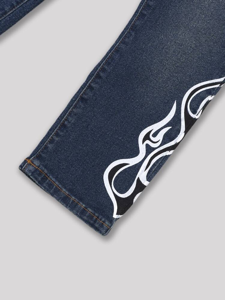 SHEIN Boys' Denim Long Pants Autumn/Winter, Soft, Cotton, Casual, Fashion, Versatile, Comfortable, Minimalist, Full Elastic Waist, Classic Five-Pocket Style, Front Personalized Letter Print + Side Flame Print Design, Slim Fit Elastic Fit, Vintage Deep Blue Washed Denim Long Pants Suitable For Daily Wear And Vacation - Dark Wash - View 7