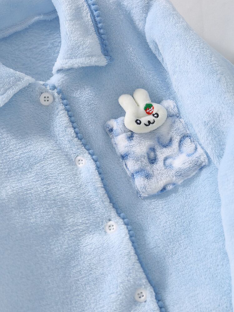 2pcs/Set Girls Pajama Set, Pink & Blue Solid Color Open Front Flannel Top + Exquisite Pattern Long Pants, Top Pocket With 3D Padded Cute Rabbit, Suitable For Autumn/Winter Home Wear - Blue - View 5
