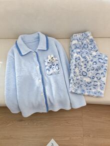 2pcs/Set Girls Pajama Set, Pink & Blue Solid Color Open Front Flannel Top + Exquisite Pattern Long Pants, Top Pocket With 3D Padded Cute Rabbit, Suitable For Autumn/Winter Home Wear - Blue - View 1