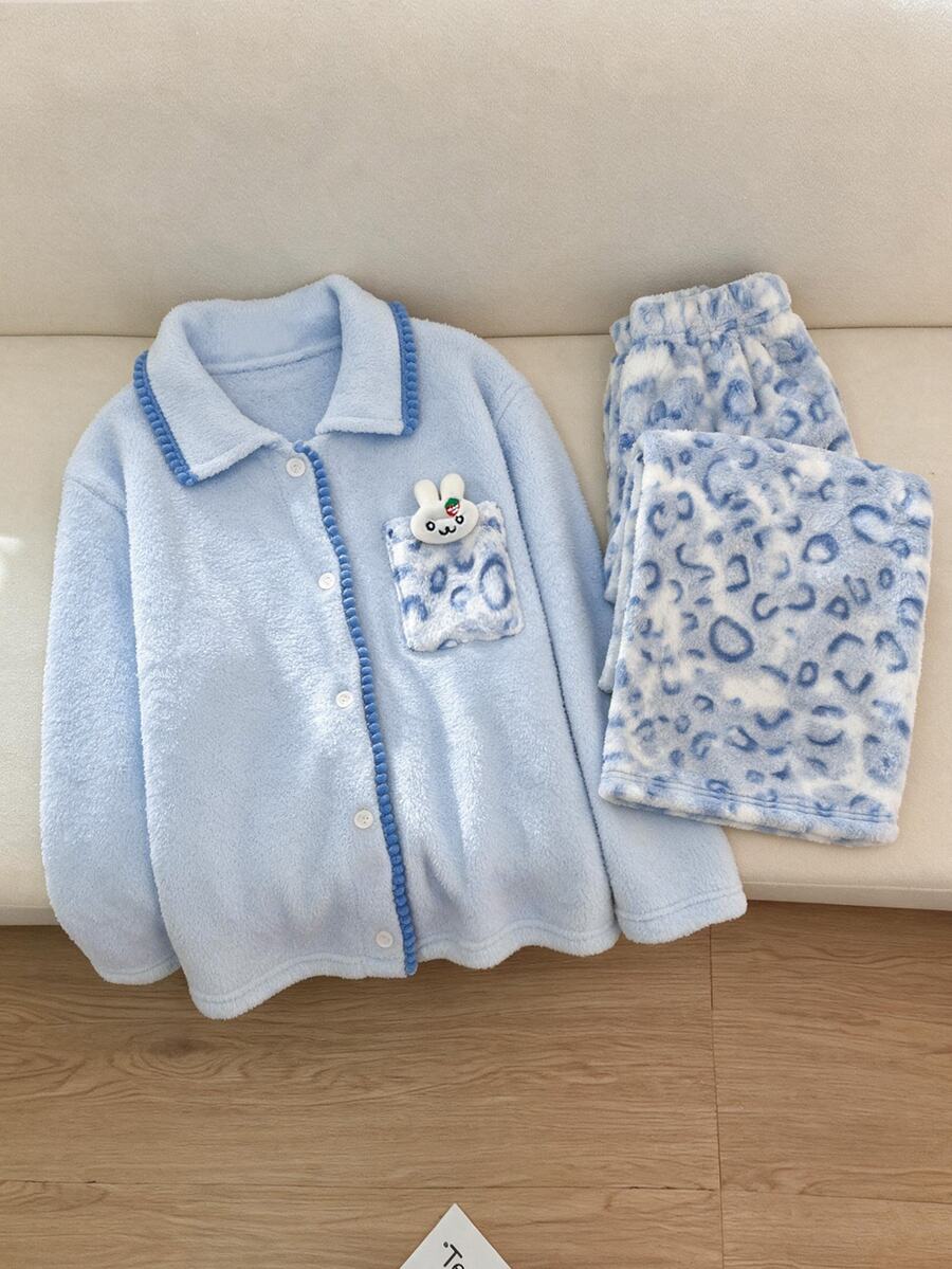 2pcs/Set Girls Pajama Set, Pink & Blue Solid Color Open Front Flannel Top + Exquisite Pattern Long Pants, Top Pocket With 3D Padded Cute Rabbit, Suitable For Autumn/Winter Home Wear - Blue - View 1