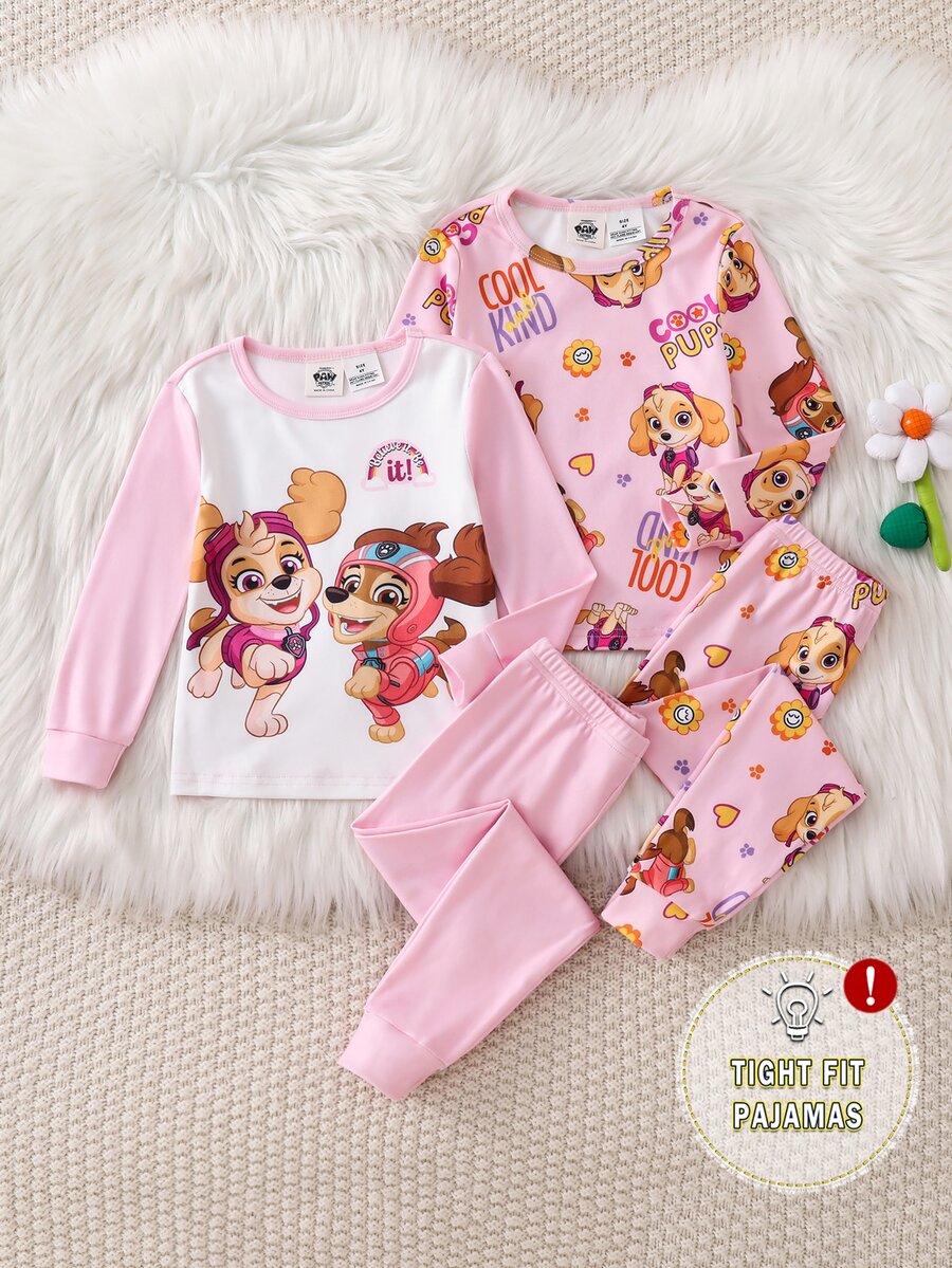 SHEIN | PAW Patrol 聯名 IP 主題可愛時尚女童青少年太陽與彩虹印花貼身高彈力面料長袖長褲 4 件式居家服套裝 2 套,貼身睡衣 - 彩色 - 查看 1
