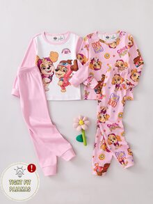 SHEIN | PAW Patrol 聯名 IP 主題可愛時尚女童青少年太陽與彩虹印花貼身高彈力面料長袖長褲 4 件式居家服套裝 2 套，貼身睡衣 - 彩色 - 查看 3