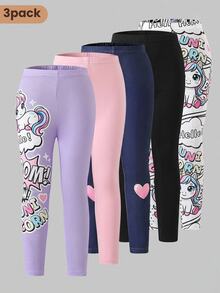 3pcs Autumn/Winter Young Girl Fashion Cute Unicorn Print Cartoon Pattern Long Pants Comfortable Milk Silk Fabric Thermal Lined Thickened Leggings - Multicolor - View 12