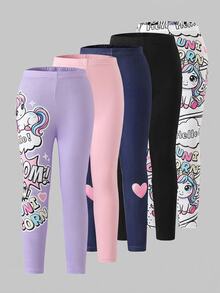 3pcs Autumn/Winter Young Girl Fashion Cute Unicorn Print Cartoon Pattern Long Pants Comfortable Milk Silk Fabric Thermal Lined Thickened Leggings - Multicolor - View 1
