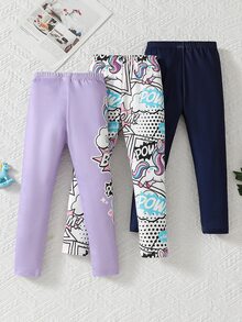 3pcs Autumn/Winter Young Girl Fashion Cute Unicorn Print Cartoon Pattern Long Pants Comfortable Milk Silk Fabric Thermal Lined Thickened Leggings - Multicolor - View 2