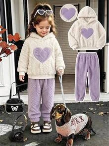 Playful Pals Conjunto de 2 piezas de sudadera con capucha y pantalones de chándal con corazón esponjoso para niña pequeña, otoño, 7º cumpleaños - Morado - Ver 4