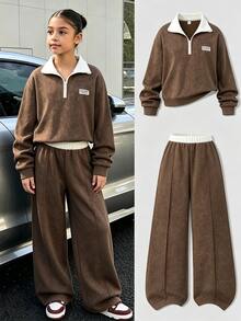 SHEIN Elladie kids Tween Girls Brown Half Zip Hoodie Set, Washed Fleece Sweatshirt Jacket & Wide Leg Pants With Pockets - Brown - View 3