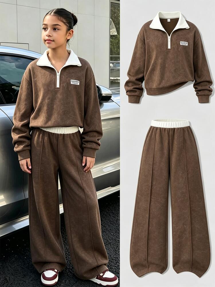 SHEIN Elladie kids Setelan Hoodie Setengah Resleting Cokelat untuk Remaja Perempuan, Jaket Sweatshirt Fleece yang Dicuci & Celana Panjang Lebar dengan Kantong - Coklat - View 3