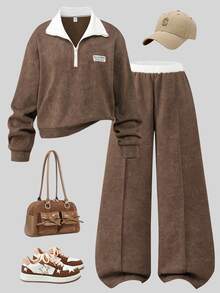 SHEIN Elladie kids Tween Girls Brown Half Zip Hoodie Set, Washed Fleece Sweatshirt Jacket & Wide Leg Pants With Pockets - Brown - View 4