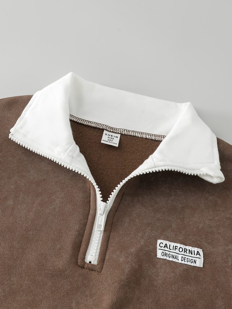 SHEIN Elladie kids Setelan Hoodie Setengah Resleting Cokelat untuk Remaja Perempuan, Jaket Sweatshirt Fleece yang Dicuci & Celana Panjang Lebar dengan Kantong - Coklat - View 8