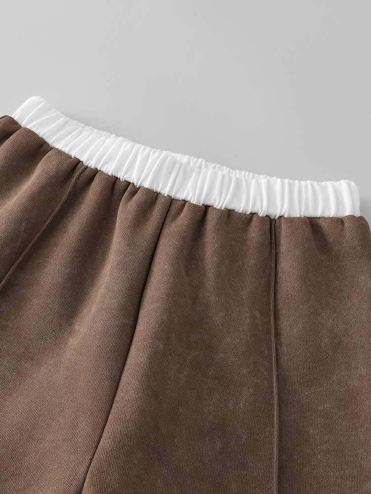 SHEIN Elladie kids Setelan Hoodie Setengah Resleting Cokelat untuk Remaja Perempuan, Jaket Sweatshirt Fleece yang Dicuci & Celana Panjang Lebar dengan Kantong - Coklat - View 5