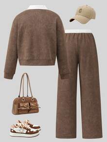 SHEIN Elladie kids Tween Girls Brown Half Zip Hoodie Set, Washed Fleece Sweatshirt Jacket & Wide Leg Pants With Pockets - Brown - View 2