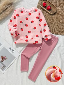 SHEIN 2pcs Girls 4-7Y Sweet Strawberry Fleece Long Sleeve Fall Tops Pants Set Christmas Party School Winter Outfits - Pink - View 5