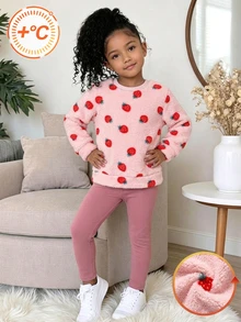 SHEIN 2pcs Girls 4-7Y Sweet Strawberry Fleece Long Sleeve Fall Tops Pants Set Christmas Party School Winter Outfits - Pink - View 6
