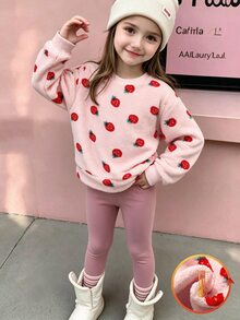 SHEIN 2pcs Girls 4-7Y Sweet Strawberry Fleece Long Sleeve Fall Tops Pants Set Christmas Party School Winter Outfits - Pink - View 4