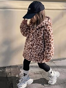 SHEIN Elladie kids 少女款豹紋寬鬆連帽外套，Y2K上衣，長袖上衣，秋季新款，粉色獵豹印花，加厚抓絨連帽夾克 - 卡其色 - 查看 3