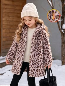 SHEIN Elladie kids 少女款豹紋寬鬆連帽外套，Y2K上衣，長袖上衣，秋季新款，粉色獵豹印花，加厚抓絨連帽夾克 - 卡其色 - 查看 1