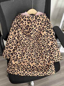 SHEIN Elladie kids Girls' Pink Brown Leopard Print Hooded Winter Coat, Mid-Length Thermal Lined Jacket, Pink Rabbit Ear Embroidery Pony Ruched Thickened Coat Western - Brown - View 4