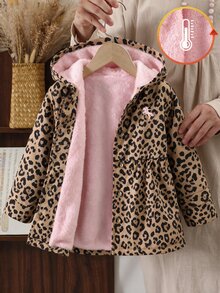 SHEIN Elladie kids Girls' Pink Brown Leopard Print Hooded Winter Coat, Mid-Length Thermal Lined Jacket, Pink Rabbit Ear Embroidery Pony Ruched Thickened Coat Western - Brown - View 2