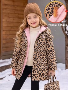 SHEIN Elladie kids Girls' Pink Brown Leopard Print Hooded Winter Coat, Mid-Length Thermal Lined Jacket, Pink Rabbit Ear Embroidery Pony Ruched Thickened Coat Western - Brown - View 3