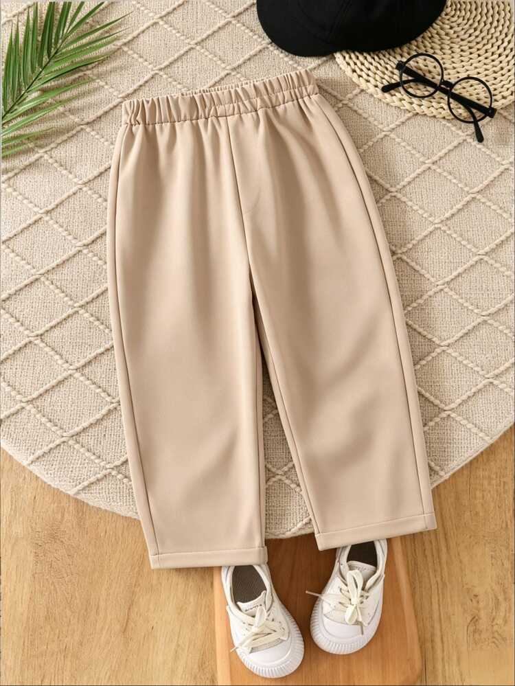Souflis Souflis Young Boy Casual Comfortable Solid Color Long Pants With Slanted Pockets, Simple Elastic Waist Design, Suitable For Daily Wear, Travel, Party, Holiday, Versatile Fashion Outfit - Khaki - View 3