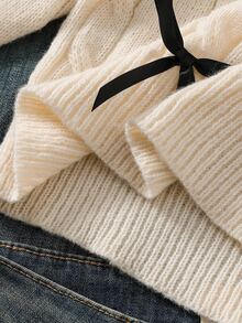 SHEIN Tween Girl) Sweater, Autumn/Winter Medium-Thick Pullover, Round Neck, Dropped Shoulder, Long Sleeve, Cable Knit, Ribbon Bow, Sweet Casual Versatile Daily Wear, Soft And Comfortable - Beige - View 8