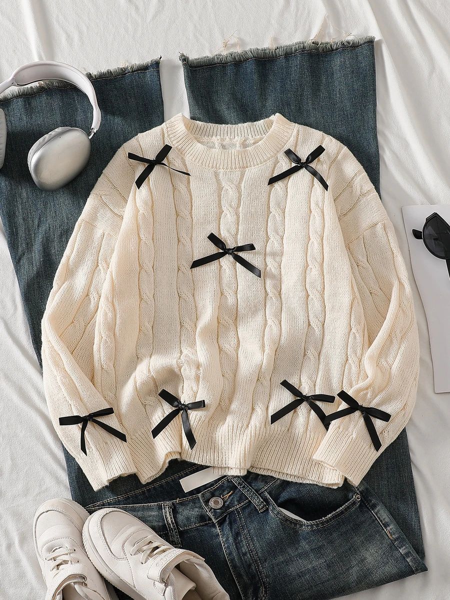 SHEIN Tween Girl) Sweater, Autumn/Winter Medium-Thick Pullover, Round Neck, Dropped Shoulder, Long Sleeve, Cable Knit, Ribbon Bow, Sweet Casual Versatile Daily Wear, Soft And Comfortable - Beige - View 1