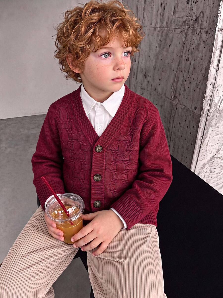SHEIN Vintaside Kids 小男孩長袖單排扣休閒素色紋理針織開襟衫 秋冬款 - 酒紅色 - 查看 1