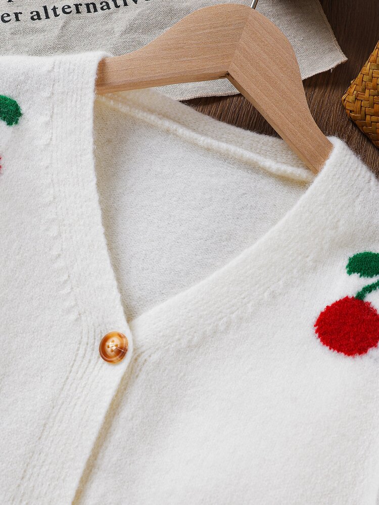 SHEIN Vintaside Kids Tween Girl Fashion Casual Cute Cute Sweet Cherry Cardigan Autumn Fall Everyday School White And Red School Farewell - White - View 4