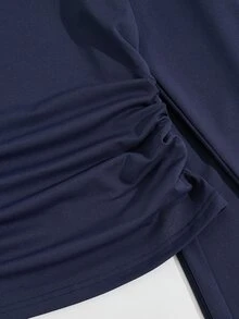 SHEIN 2件組青少年女孩T恤套裝，海軍藍領口套頭上衣，寬鬆直筒鬆緊腰長褲，時尚休閒日常外出百搭校園返校戶外穿搭 - 藏蓝色 - 查看 6
