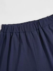 SHEIN 2件組青少年女孩T恤套裝，海軍藍領口套頭上衣，寬鬆直筒鬆緊腰長褲，時尚休閒日常外出百搭校園返校戶外穿搭 - 藏蓝色 - 查看 9