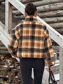 Muchica 棕色格紋半拉鍊毛絨衛衣，適合萬聖節、街頭風、派對、秋冬/夏季、聖誕節、新年、感恩節、畢業典禮、優雅、外出、約會、通勤、情人節、Y2K及其他場合 - 彩色 - 查看 2