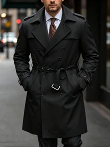 Manfinity Homme 男士雙排扣黑色秋季優雅休閒街頭風晚宴商務辦公長款風衣，簡約缺口領長大衣，送給丈夫的禮物 - 黑色 - 查看 7