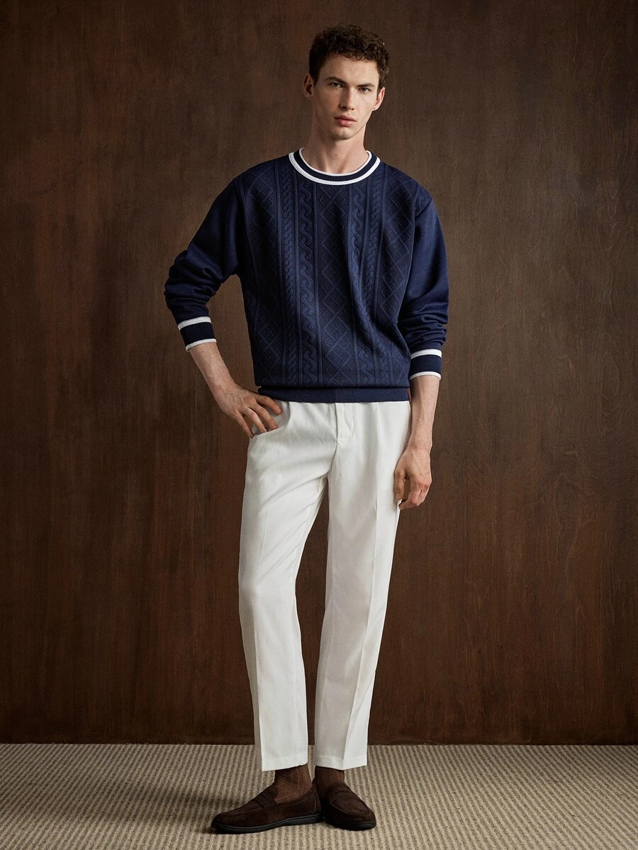 Manfinity CityGents Men's Fashion Versatile Navy Colorblock Long Sleeve Cable Knit Sweater Office Vacation Autumn Casual 90s - Navy Blue - View 1